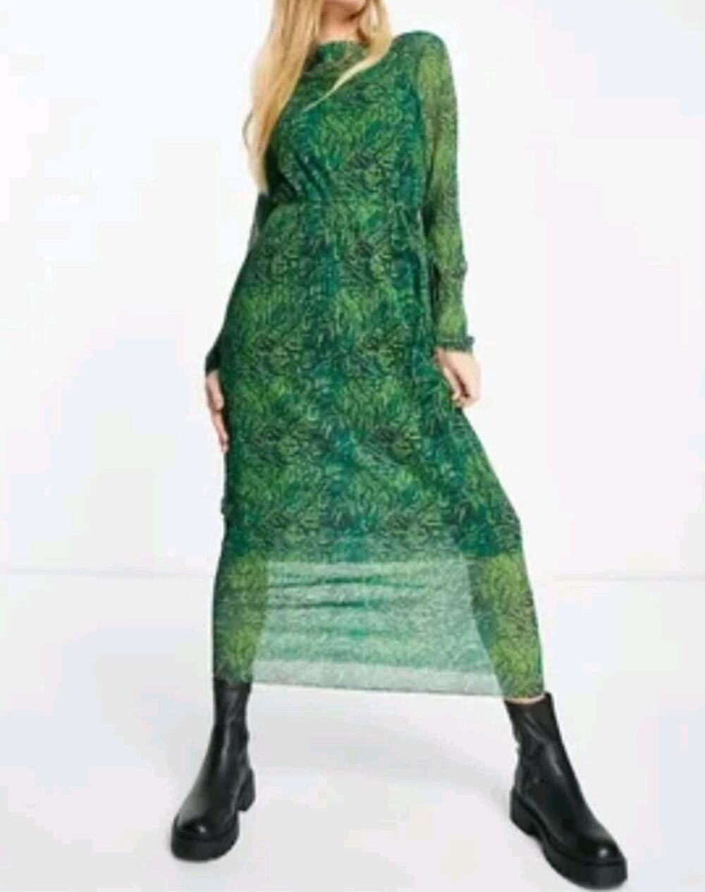 & Other Stories Midi Dress Long Sleeve Green And Black mesh Size M Belt Missing